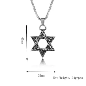 Vintage hexagram star pendant necklace with embossed scroll texture on white background