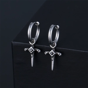 Stainless Steel Dagger Cross Hoop Earrings For Men Women Punk Gothic Sword Pendant Rhinestone Earrings Vintage Jewelry