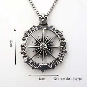 Retro gothic round star pendant with stainless steel pearl chain for men, 52mm height