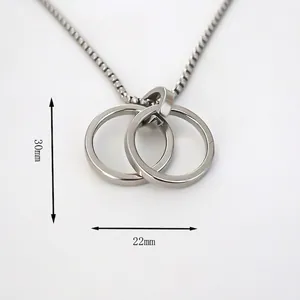 Polished stainless steel interlocking double ring necklace with 30mm x 22mm dimensions