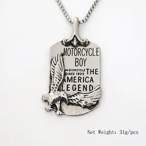 Square eagle relief pendant with Motorcycle Boy text on a long beaded chain necklace