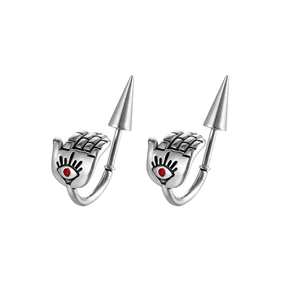 Silver vintage Hamsa Hand earrings with red stone and punk style spike design