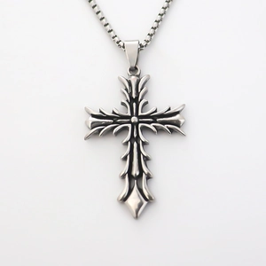 Retro gothic stainless steel cross pendant necklace with vintage oxidized silver finish