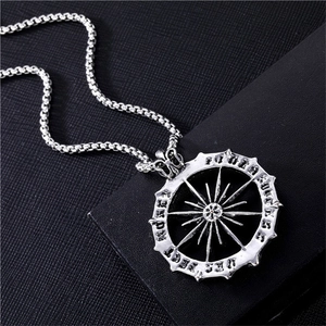 Vintage Alloy Compass Star Round Pendant Necklace Retro Punk Gothic Style Antique Silver Finish For Men Women Jewelry