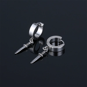 Punk style stainless steel hoop earrings with dagger pendants on reflective black background