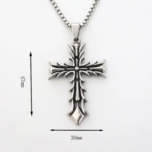 Gothic stainless steel cross pendant necklace with vintage embossed texture 47mm x 30mm