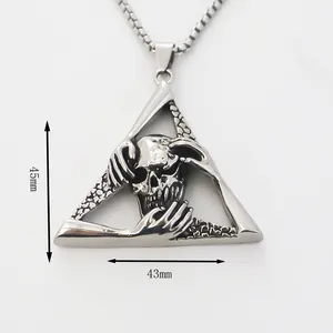 Polished stainless steel triangle skull pendant necklace for men with box chain