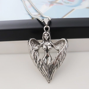 Silver stainless steel necklace with winged angel pendant forming a heart-shaped silhouette
