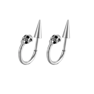 Silver punk skull stud earrings with conical spikes in stainless steel material