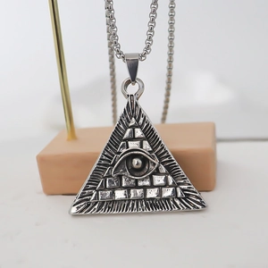 Retro triangle Evil Eye pyramid pendant necklace in antique silver finish for men