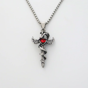 Dark gothic snake and sword pendant necklace with red heart stone in stainless steel