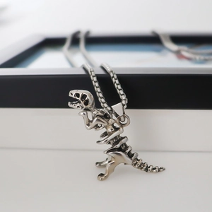 Retro Silber Dinosaurier Skelett Anhänger Halskette mit Edelstahl Box Kette