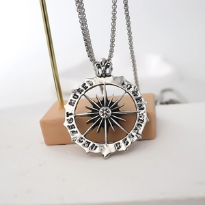 Retro round compass pendant necklace with stainless steel chain in vintage silver finish