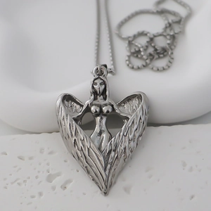 Minimalist silver stainless steel necklace with creative angel wings heart pendant