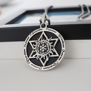 Collier pendentif hexagramme vintage en argent avec motif soleil et runes style hip-hop
