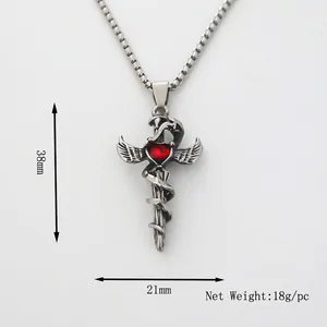 Gothic silver python sword pendant necklace with red heart stone and square pearl chain