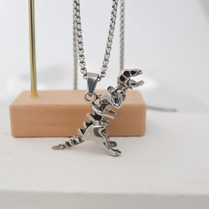 Polierte silberne Dinosaurier Skelett Kette mit eleganter Boxkette im Punk Stil Look