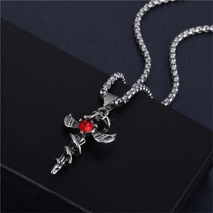 Gothic Alloy Rhinestone Snake Wrapped Sword Pendant Necklace With Wings Vintage Punk Style Jewelry For Men Women