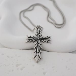 Gothic vintage stainless steel cross pendant necklace with box chain for men and women
