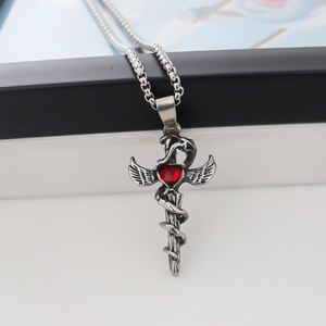 Gothic silver sword pendant with red heart gemstone and serpent on steel chain