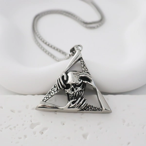 Punk stainless steel triangle pendant necklace with skull and hand bone design