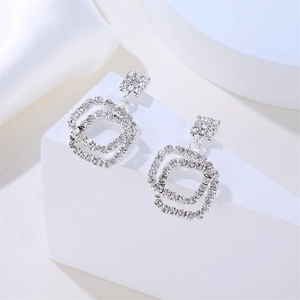 Elegant geometric square double-layer rhinestone earrings with a silver-tone finish