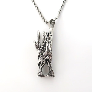 Vintage gothic dragon totem pendant necklace with textured box chain in silver metal finish
