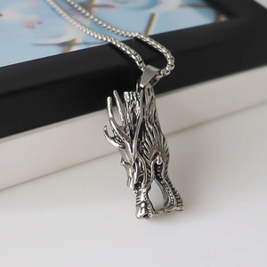 Vintage dragon head pendant necklace with embossed scales and punk style chain link