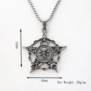 Men's retro silver pentagram skull pendant necklace with occult symbols on pearl chain