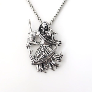 Gothic skull reaper pendant necklace in vintage silver finish with long metal box chain