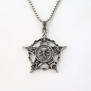 Gothic pentagram pendant necklace with skull and mystic occult symbols in vintage silver