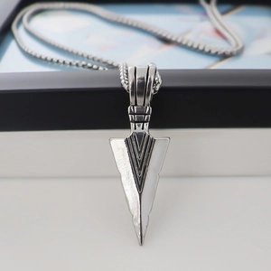 Men's silver stainless steel triangle arrow pendant necklace with vintage geometric textures