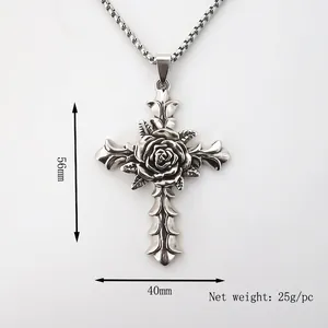 Gothic rose cross pendant necklace in vintage silver finish with durable box chain