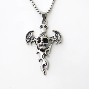 Gothic skull pendant necklace with bat wings in vintage silver finish on square chain