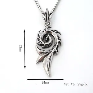 Collier pendentif plume argenté vintage pour hommes, longueur 53mm et poids 25g