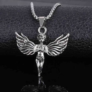 Retro Legering Engel Hanger Halsketting Gedetailleerde Vleugeltextuur Gebed Engel Zilveren Schakelketting Sieraden Voor Heren Dames