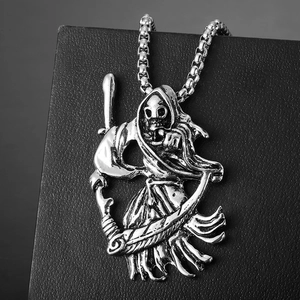 Vintage Alloy Grim Reaper Pendant Necklace With Box Chain Gothic Punk Skull Scythe Jewelry For Halloween Party Men Women