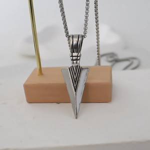 Silver arrow pendant necklace with black stripes on a steel box chain for men