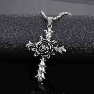 Vintage Gothic Rose Cross Pendant Necklace For Men Women Alloy Distressed Finish Punk Style Long Sweater Chain Jewelry