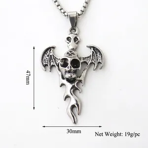 Gothic bat wing skull pendant necklace in silver stainless steel, size 47x30mm