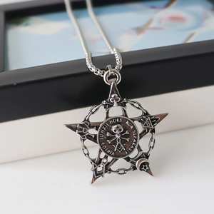 Gothic silver pentagram pendant featuring skull emblem and Masonic square and compass symbols