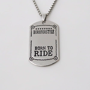 Polished stainless steel military dog tag necklace with Born To Ride engraving for men
