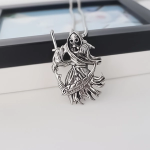 Retro reaper pendant necklace in vintage silver finish with scythe detail for men