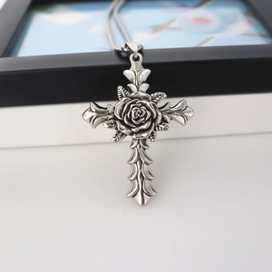 Gothic silver cross necklace with 3D rose flower pendant, vintage style jewelry for women