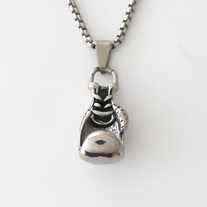 Mens silver boxing glove pendant necklace with vintage finish on box chain