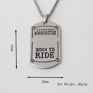 Polished stainless steel military dog tag pendant necklace with Born to Ride engraving