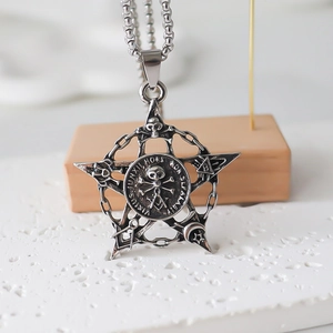Detailed close-up of retro silver skull and pentagram pendant necklace on stone base