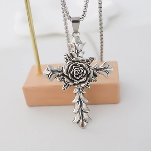 Gothic silver cross necklace with rose relief pendant on minimalist metal stand