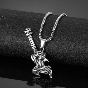 Collier Pendentif Guitare Crâne Punk Vintage Alliage Instrument de Musique Rock Hip Hop Chaîne de Boîte Bijoux Pour Hommes Femmes