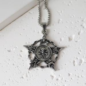 Macro shot of gothic silver pentagram pendant with skull and Masonic symbols